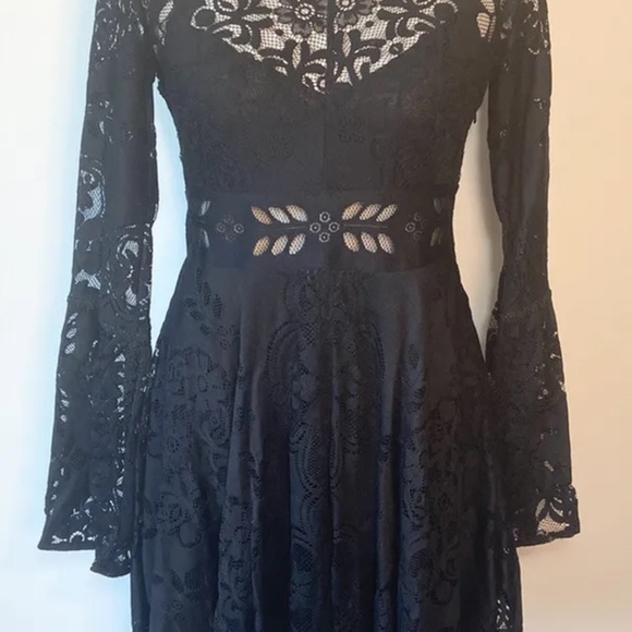 Free People 4 Dress Lace Black Lovers Festival Folk Short Bell Sleeve Bohemian - Picture 12 of 14